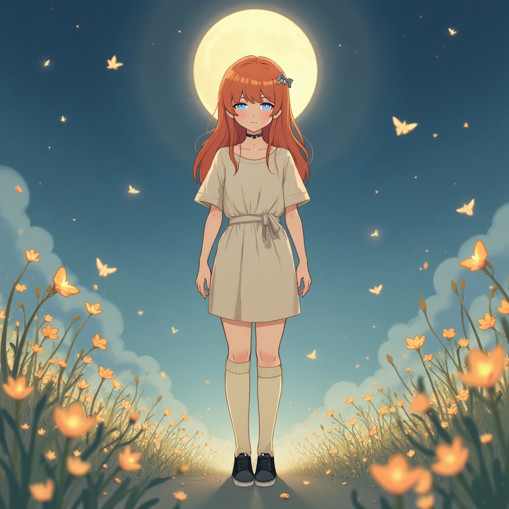 LaDS-CHIBI,  A whimsically eerie anime illustration of a 24-year-old woman standing alone in a moonlit field of wildflower...