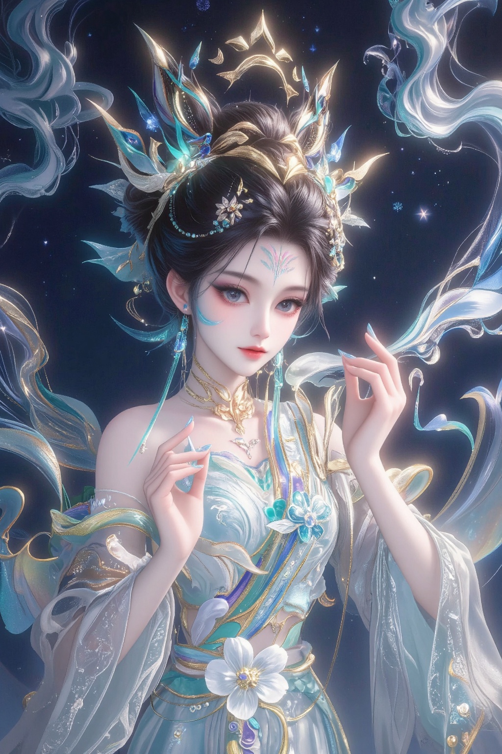 The image depicts a beautifully illustrated character with intricate,  flowing hair adorned with elaborate golden and blue...