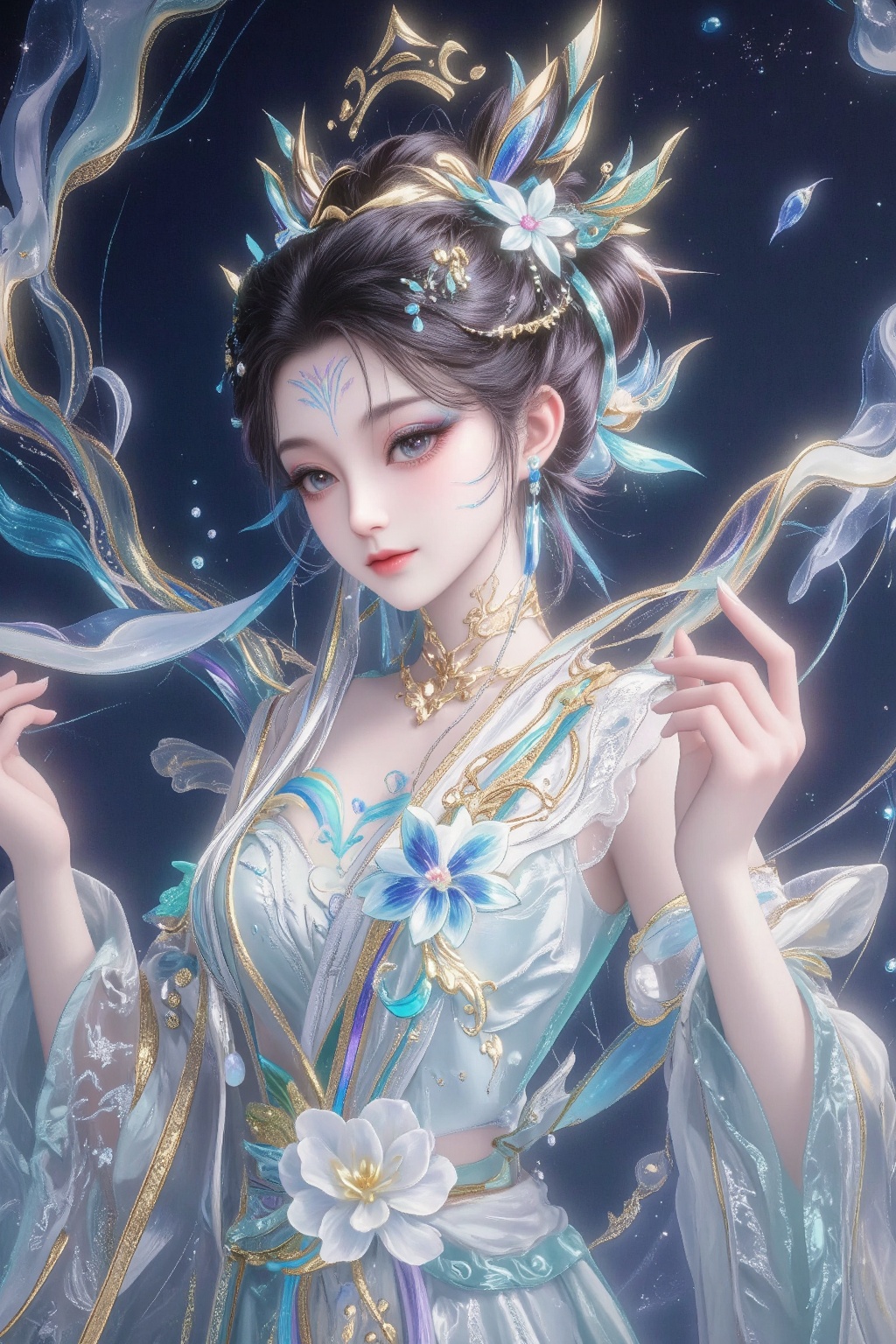 The image depicts a beautifully illustrated character with intricate,  flowing hair adorned with elaborate golden and blue...