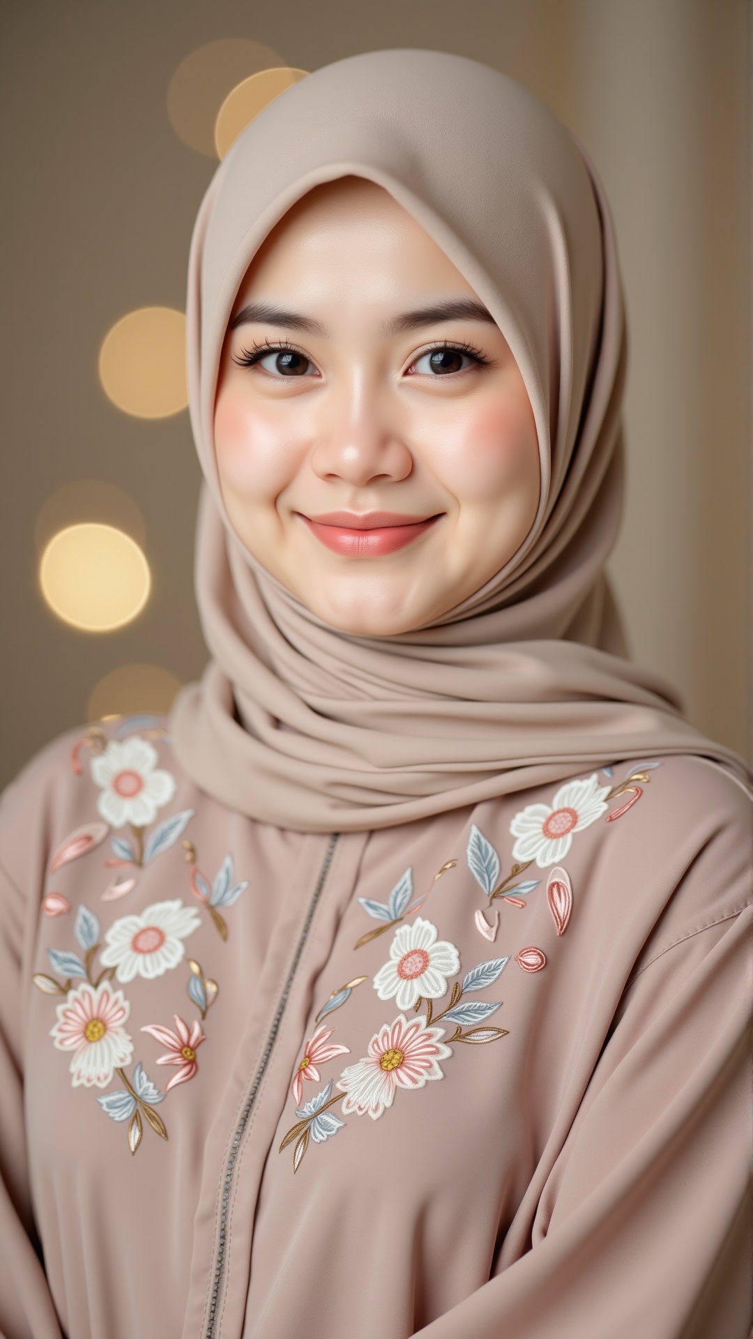 Potrait upper body From waist to head of a beautiful young woman wearing an elegant hijab,  intricate floral embroidery on...