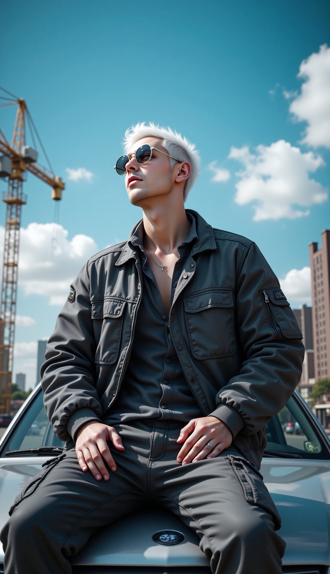 A dynamic full-body shot from a slightly low angle,  capturing a stylish male character with spiky white hair and small,...