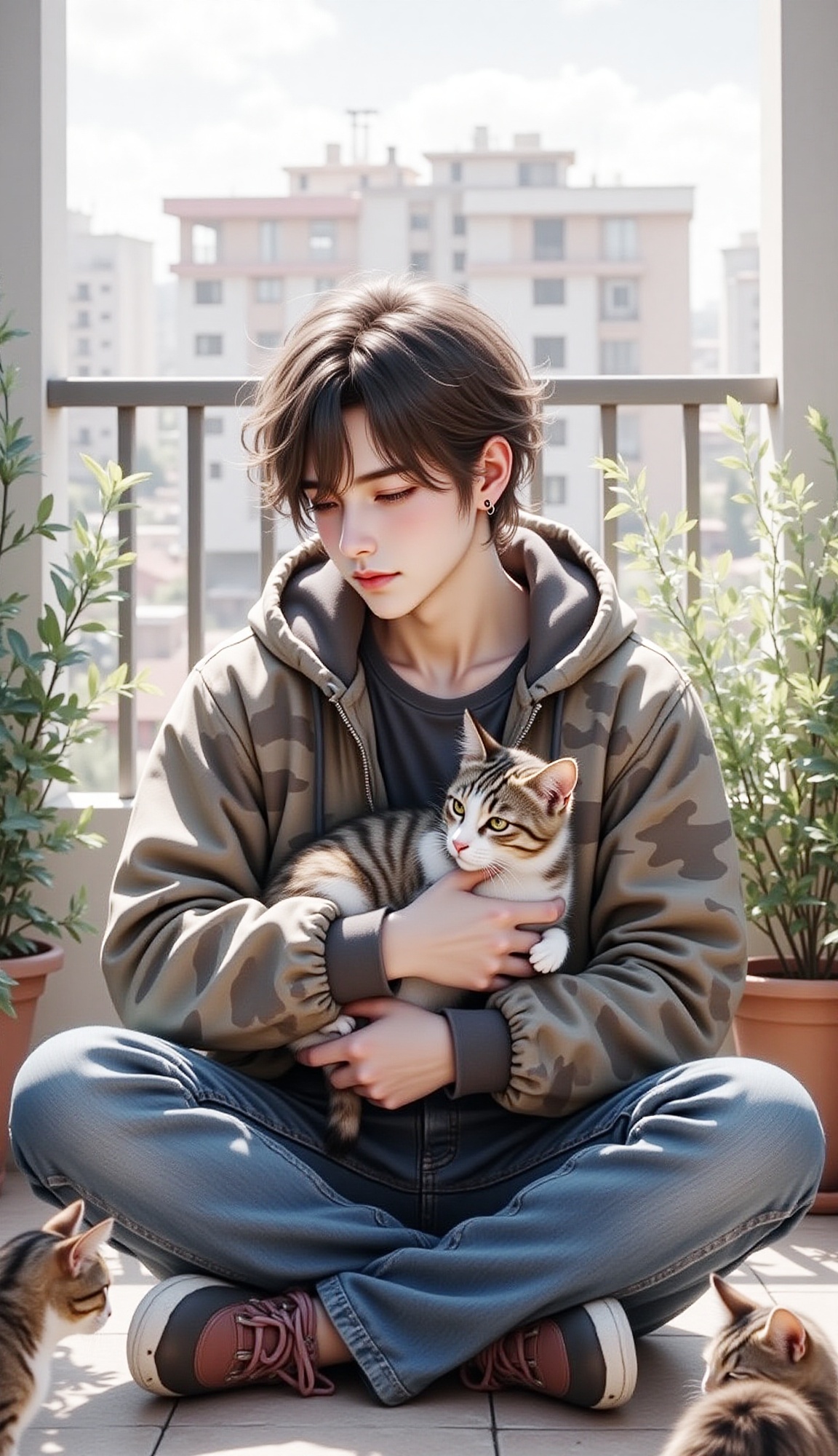 A hyperrealistic,  full-body shot of a young man who appears to be East Asian,  with messy on Tensor.Art