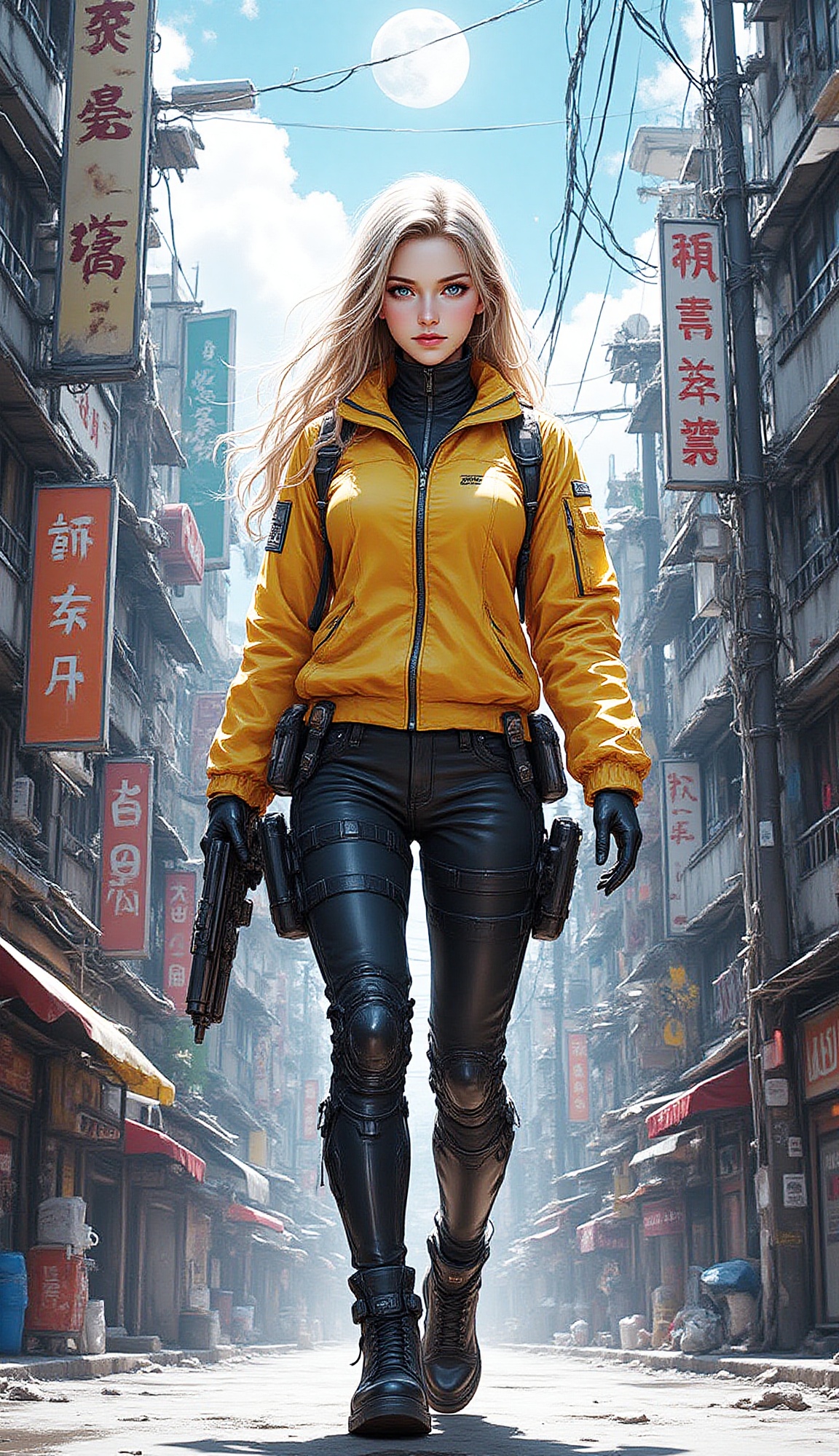 The image is a dynamic digital illustration of a woman with long,  flowing blonde hair,  walking confidently down a bustli...