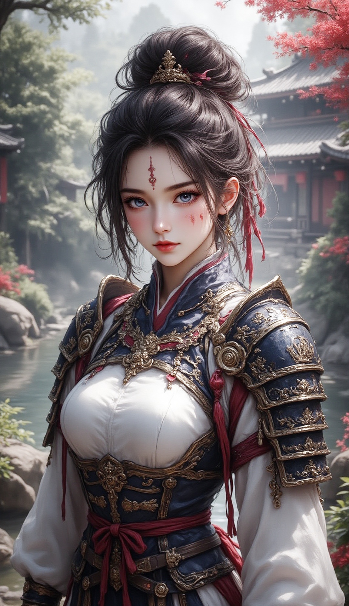 A hyperrealistic,  upper-body shot of a young woman who appears to be of East Asian descent,  with striking blue eyes and...