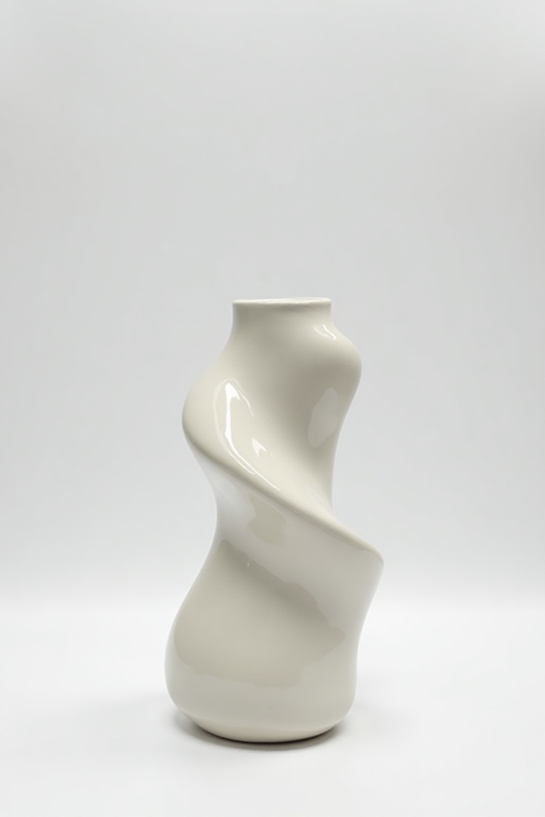 ceramic_vase,  a uniquely twisted ceramic vase with smooth curves and glossy finish,  minimalistic studio background on Te...