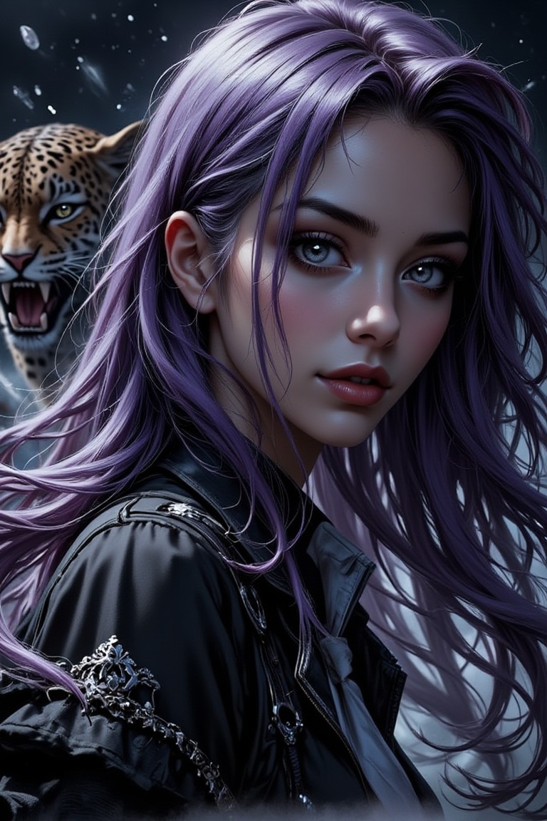A close-up of a purple-haired gothic female streamer with dramatic makeup,  her striking eyes illuminated by high-contrast...