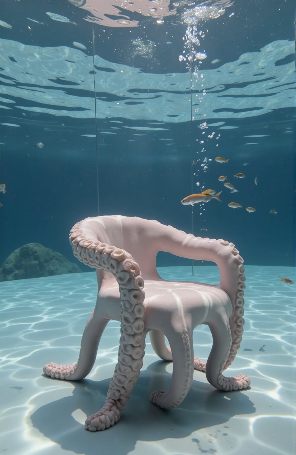 A shot of a remarkably lifelike chair constructed from octopus wavy tentacles,  submerged in a calm body of water. The lig...