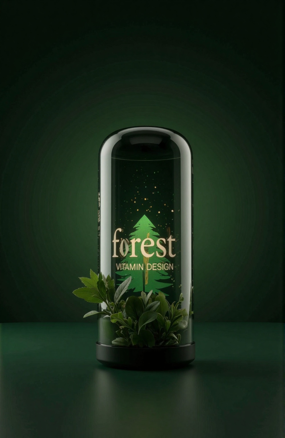 vitamin design capsule c With Forest and Text "forest" inside,  product photography,  dark green background on Tensor.Art