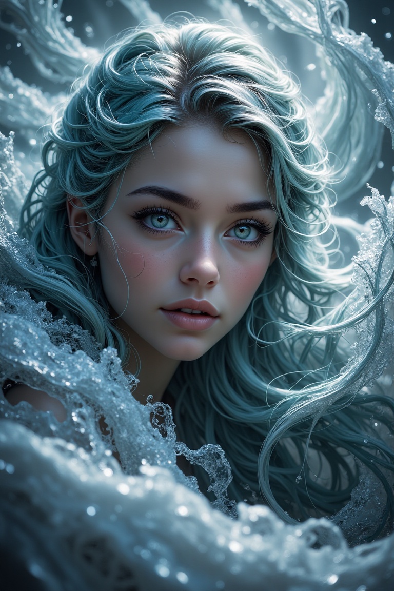 rozen beauty: Mermaid with an icy gaze swims closer,  her frost-covered skin and hair glistening in soft blue light. Wide...