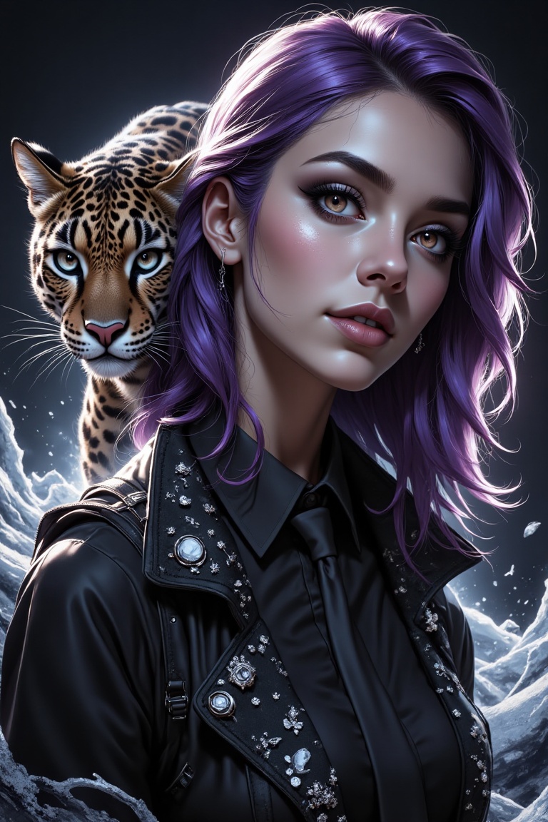 A close-up of a purple-haired gothic female streamer with dramatic makeup,  her striking eyes illuminated by high-contrast...