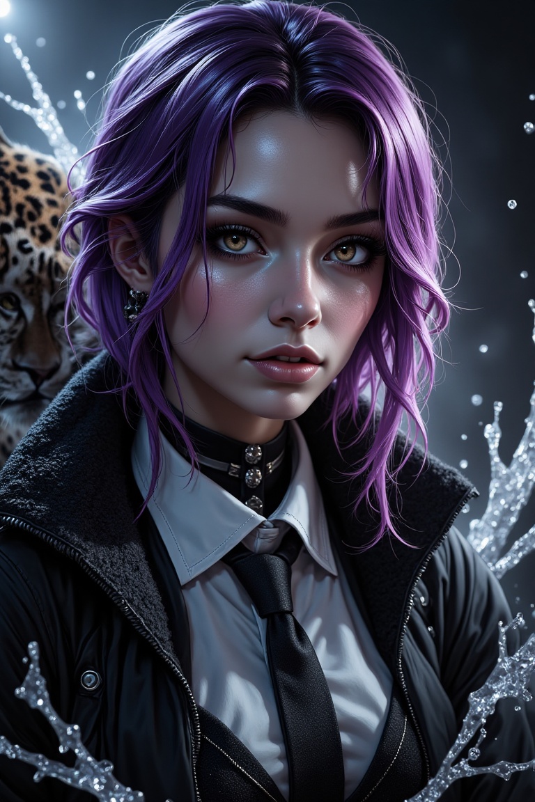 A close-up of a purple-haired gothic female streamer with dramatic makeup,  her striking eyes illuminated by high-contrast...