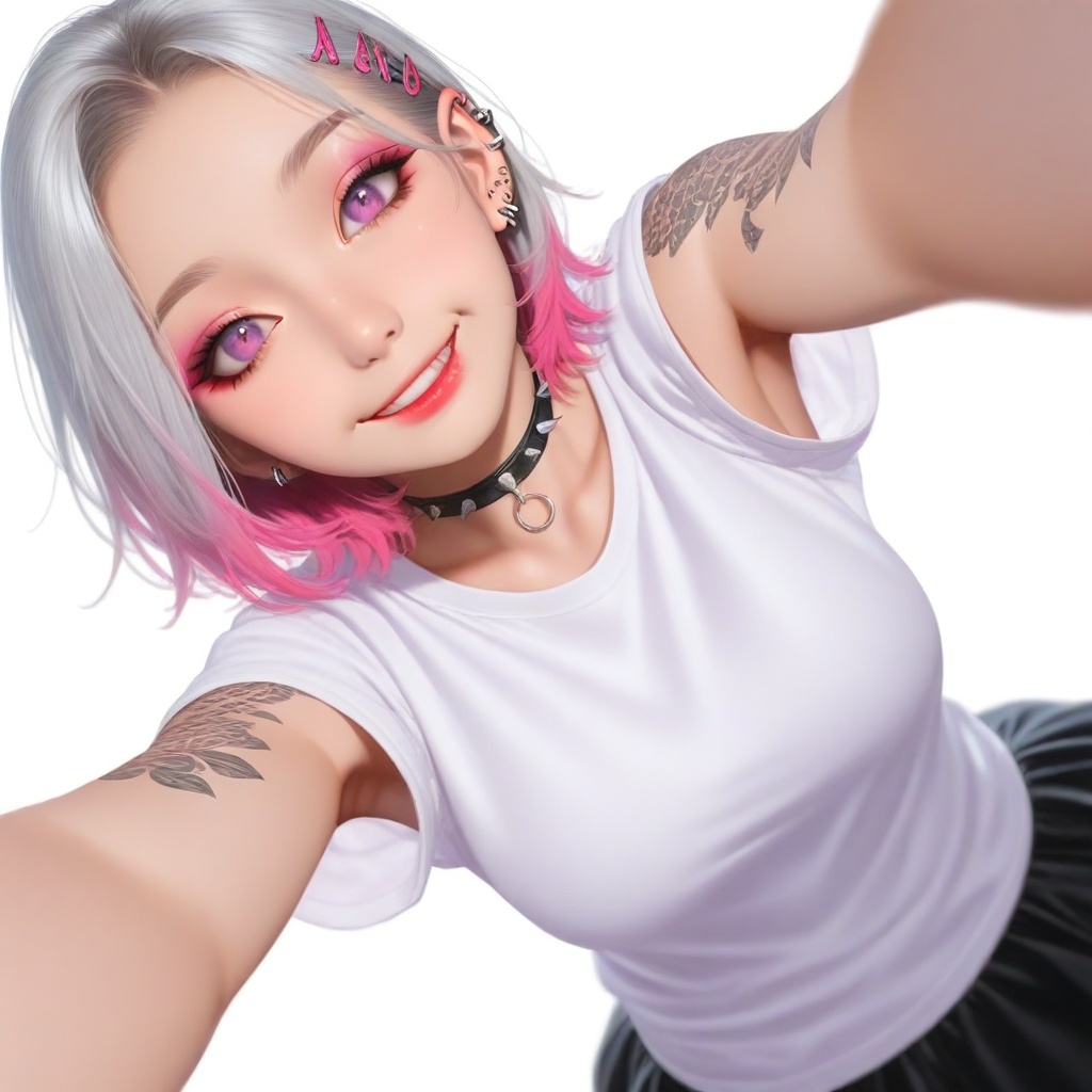 A digital illustration showcases a 20-year-old woman confidently taking a selfie,  shot from below. She has short silver h...