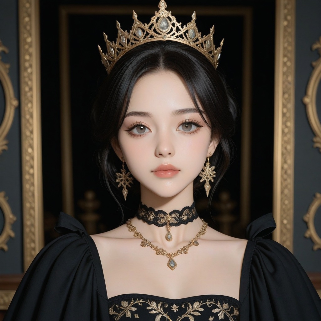 A dark,  mysterious portrait captures a young woman with an elegant updo,  her dark hair styled to frame her face. She wea...
