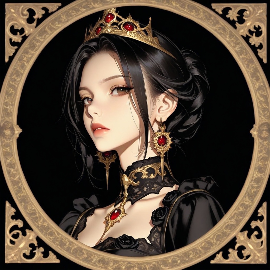A dark,  mysterious portrait captures a young woman with an elegant updo,  her styled dark hair softly framing her face. S...