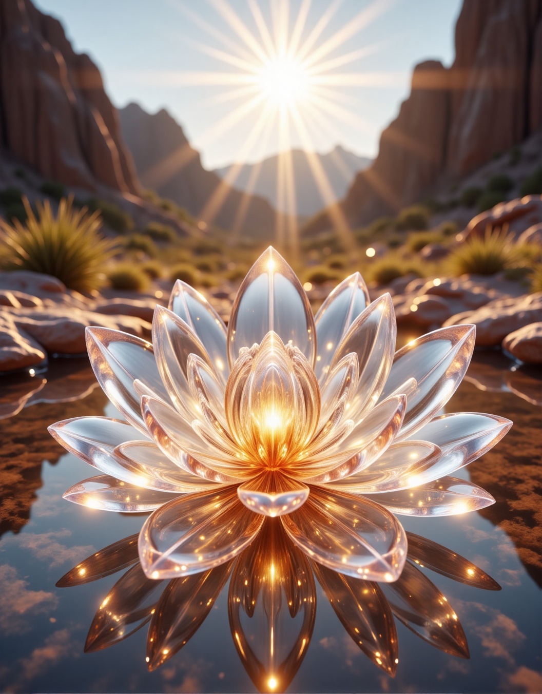 A tranquil desert oasis where giant glass lotus flowers bloom atop mirrored water,  each petal a different translucent hue...