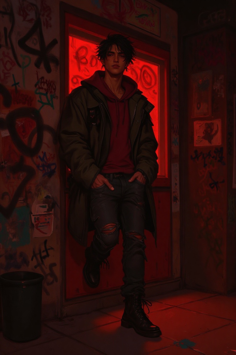 young man leaning casually against a graffiti-covered wall,  hands in hoodie pocket,  head slightly down on Tensor.Art