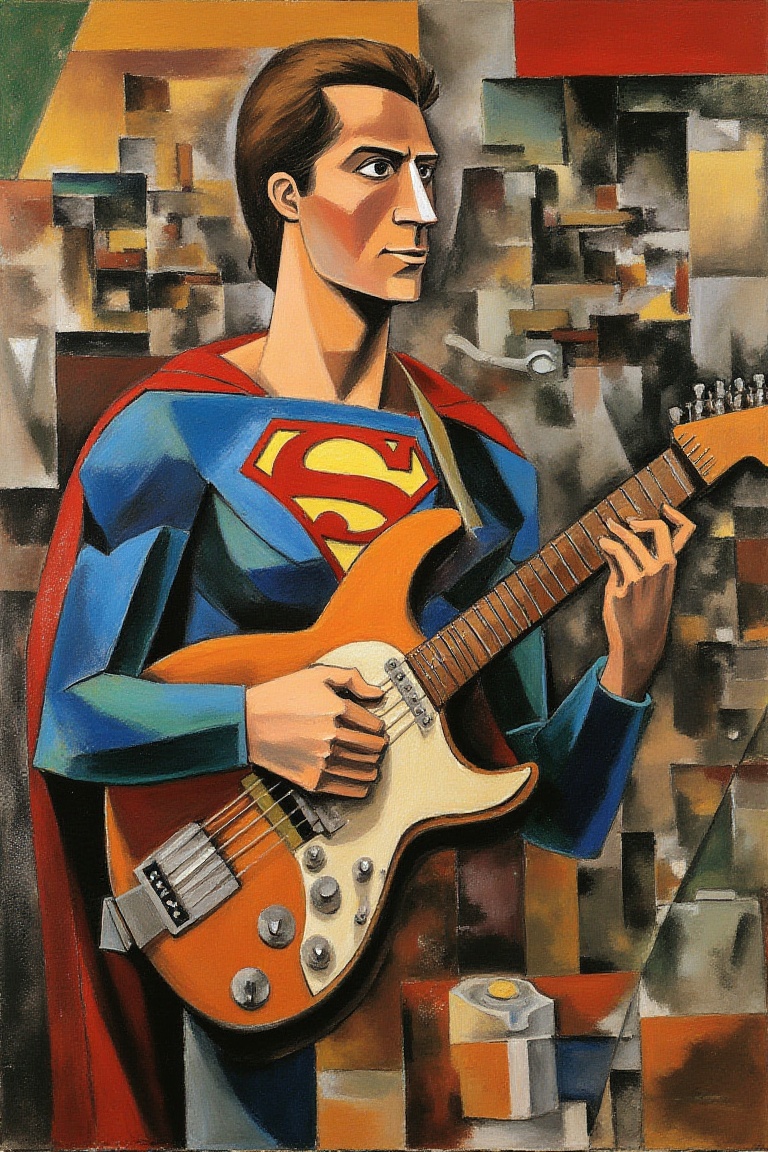 cubism style,  superman playing a guitar,  cafetaria setting on Tensor.Art