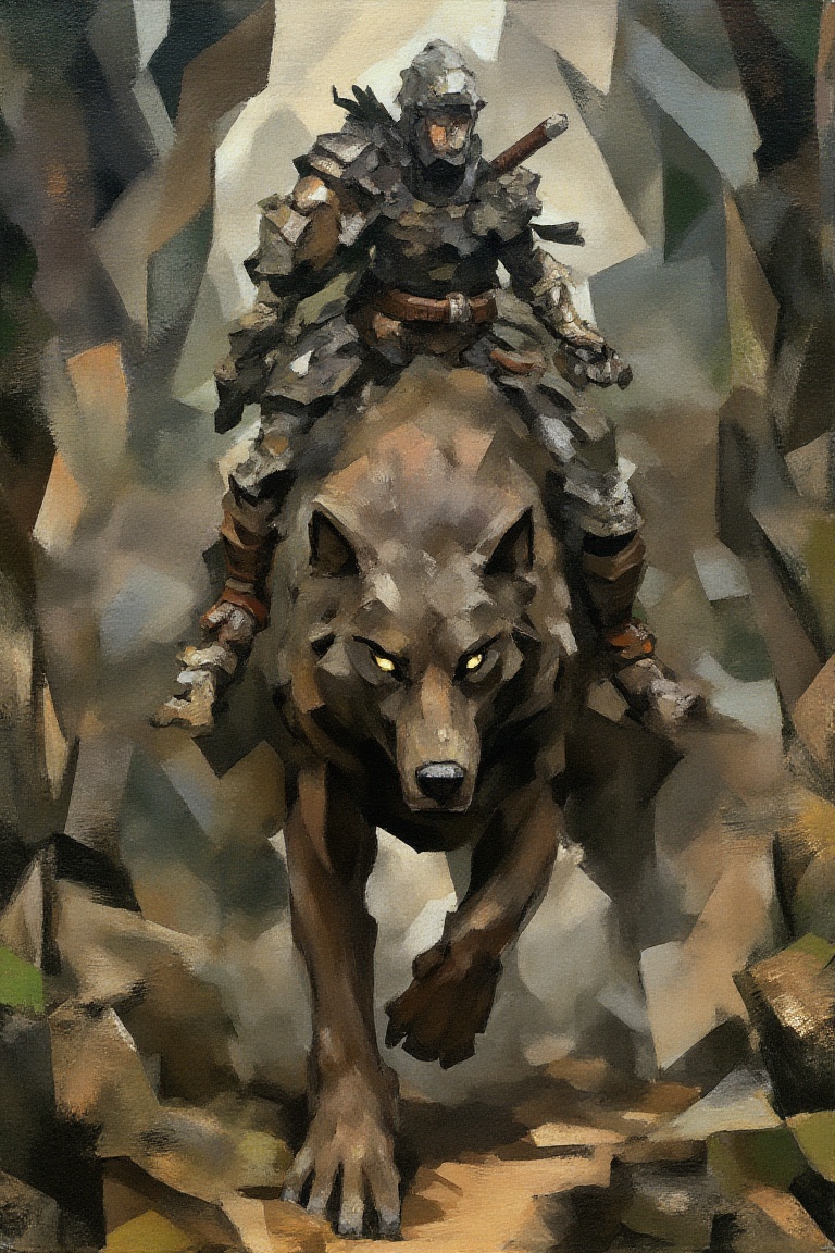 cubism style,  a ninja riding a primal beast giant wolf,  dark forest setting on Tensor.Art