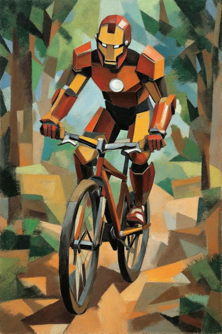 cubism style,  ironman riding a bicycle on the forest on Tensor.Art