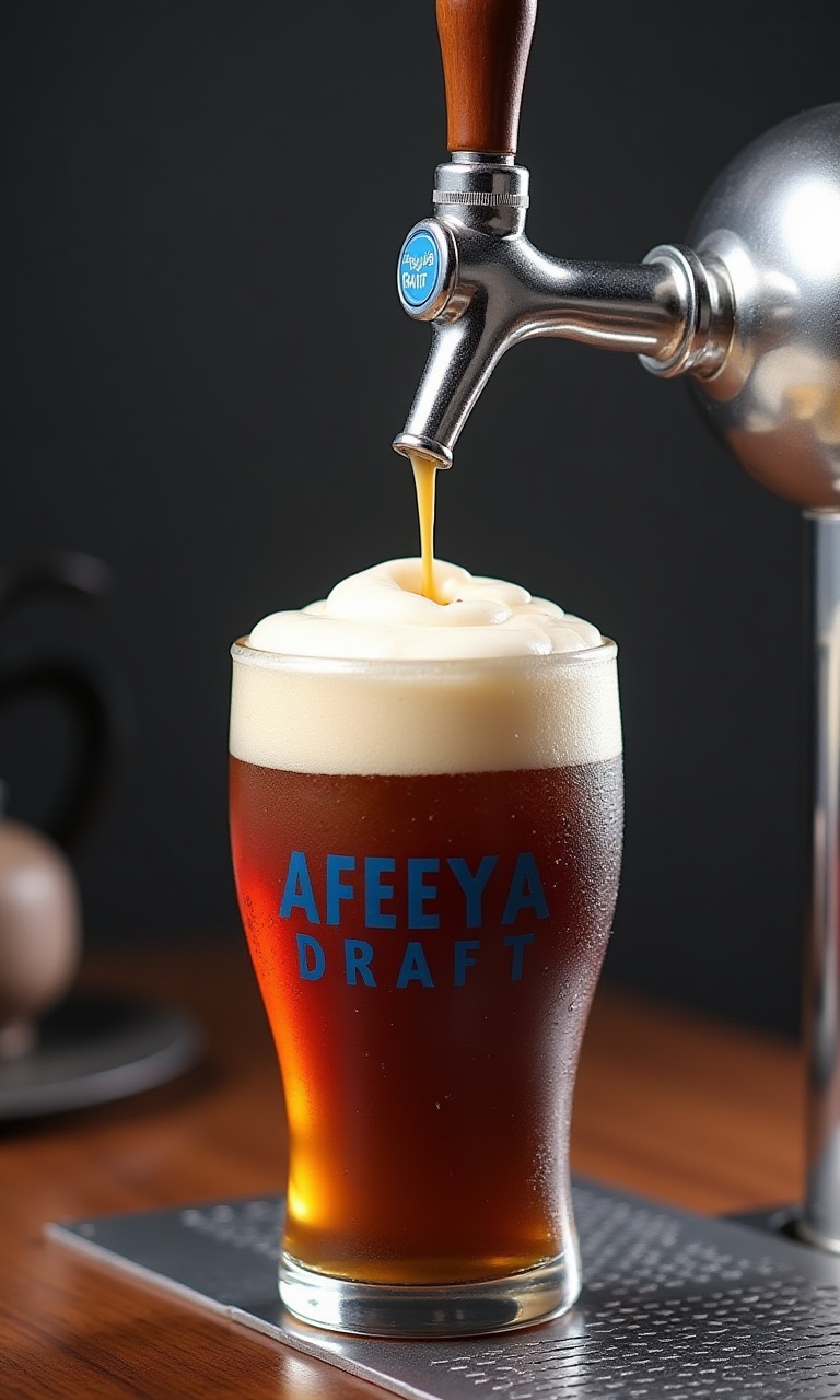 A mini stainless steel keg with a frosted blue "AFEEYA DRAFT" label. Capture coffee cascading from the tap into a glass,...