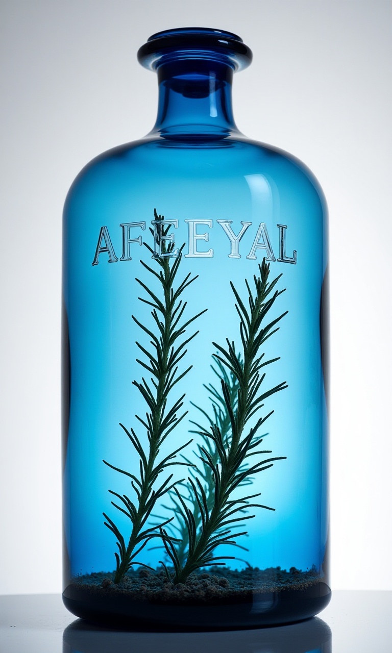 A hand-blown blue glass bottle with "AFEEYA BOTANICAL" etched in cursive. Fill it with herb-infused gin,  showing suspende...