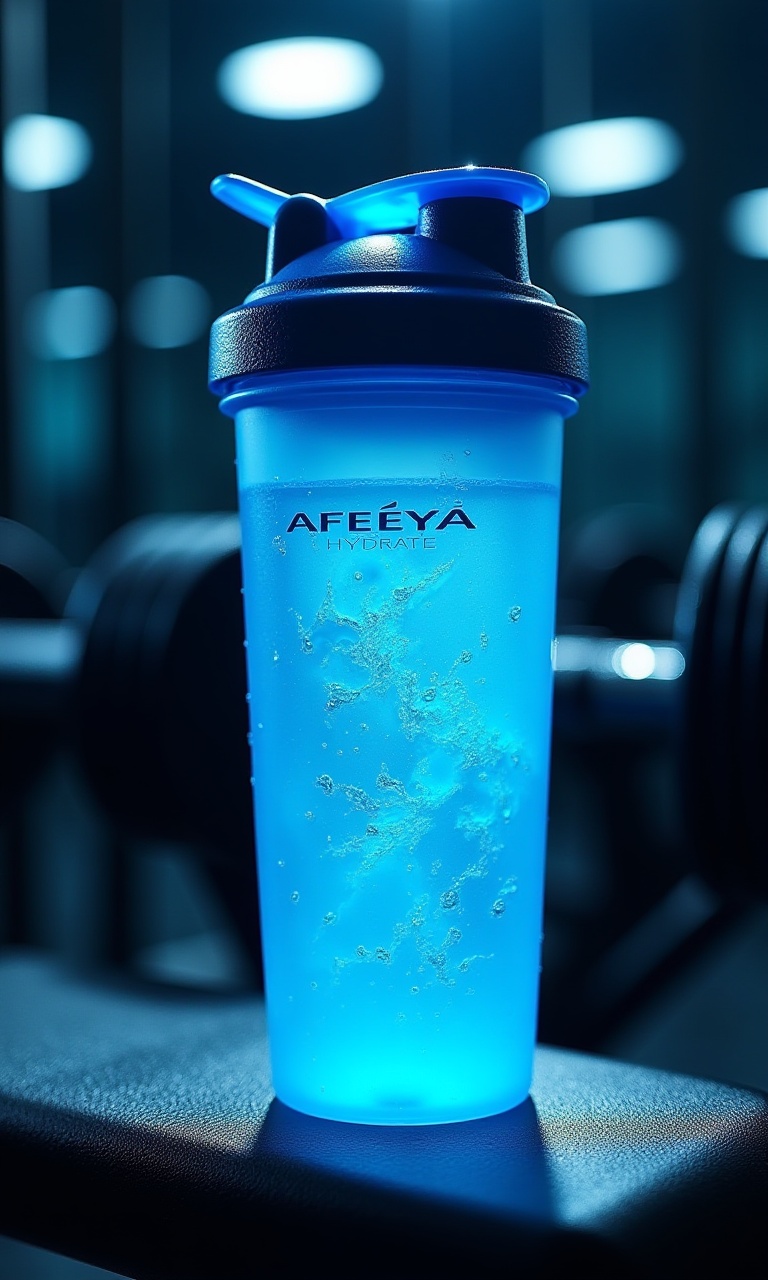 A translucent blue 600ml shaker bottle with "AFEEYA HYDRATE" in embossed rubberized text. The liquid inside is electrolyte...