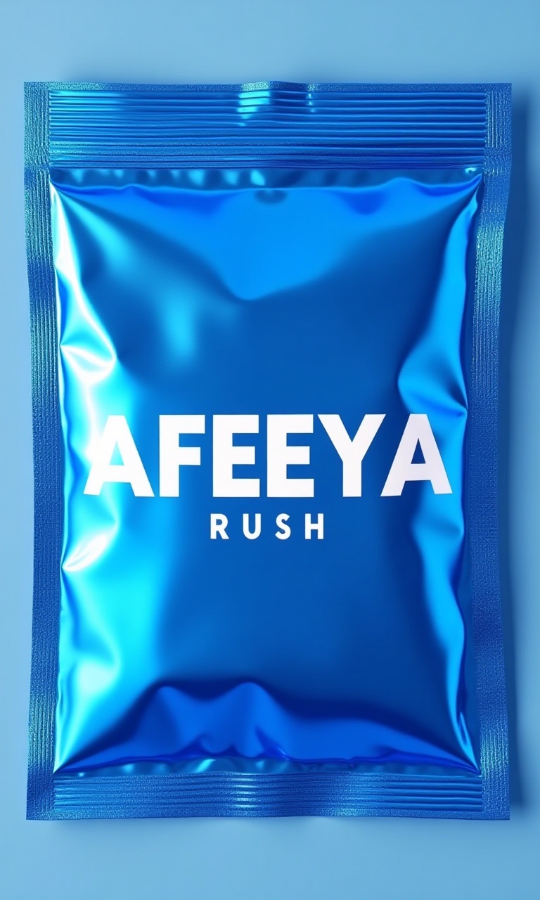 A crinkled foil sachet in electric blue with "AFEEYA RUSH" in bold typography. Show it mid-squeeze,  with glossy gel oozin...