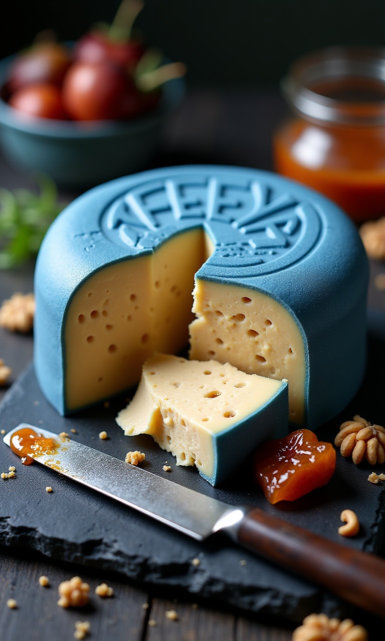 A 3D-rendered cashew cheese wheel (blue wax rind) with "AFEEYA PLANT BRIE" branded on top. A knife slices through,  reveal...