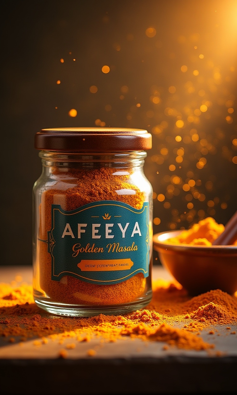 A glass jar with a blue wooden lid,  filled with turmeric-cumin blend,  labeled "AFEEYA GOLDEN MASALA". Spice trails lead...