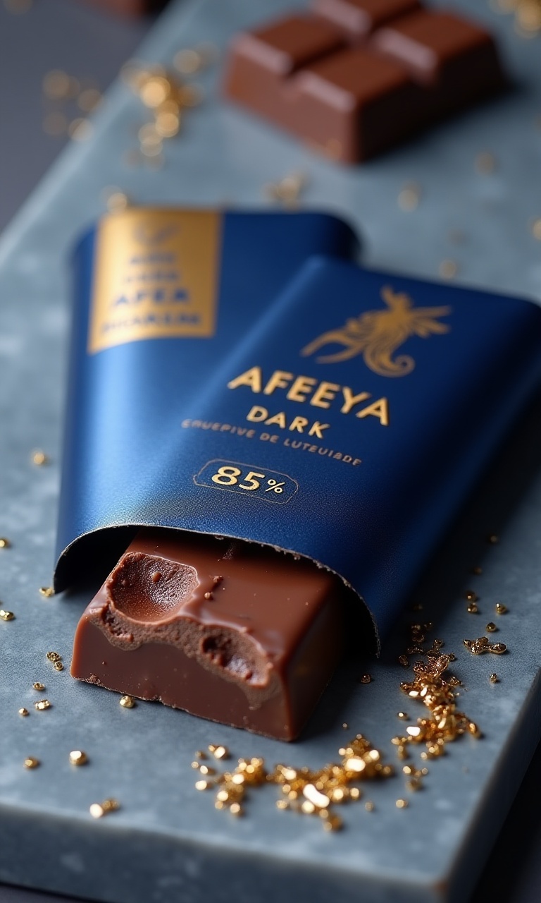 A 3D-rendered premium chocolate bar in a matte blue foil wrapper with embossed "AFEEYA DARK 85%" lettering. One piece is p...