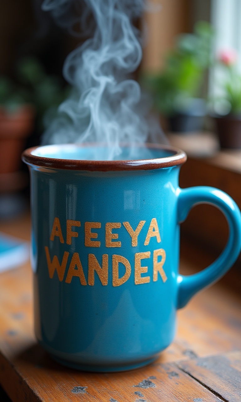 A hand-painted blue mug with "AFEEYA WANDER" in wanderlust typography. Steam rises from the cracked lid sip-hole. Effects:...
