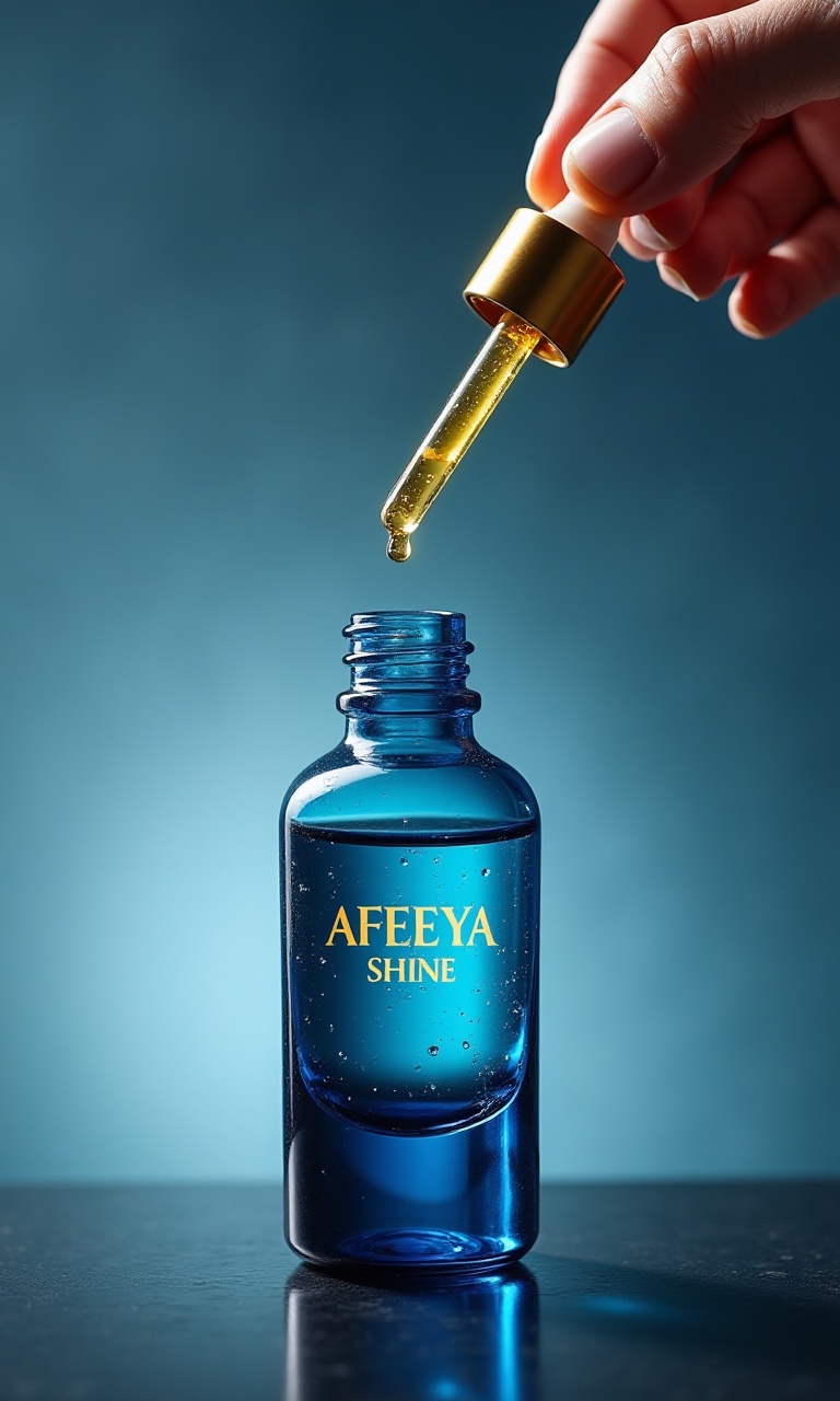 A apothecary-style blue glass bottle with "AFEEYA SHINE" in minimalist type. Show a dropper releasing golden serum onto a...