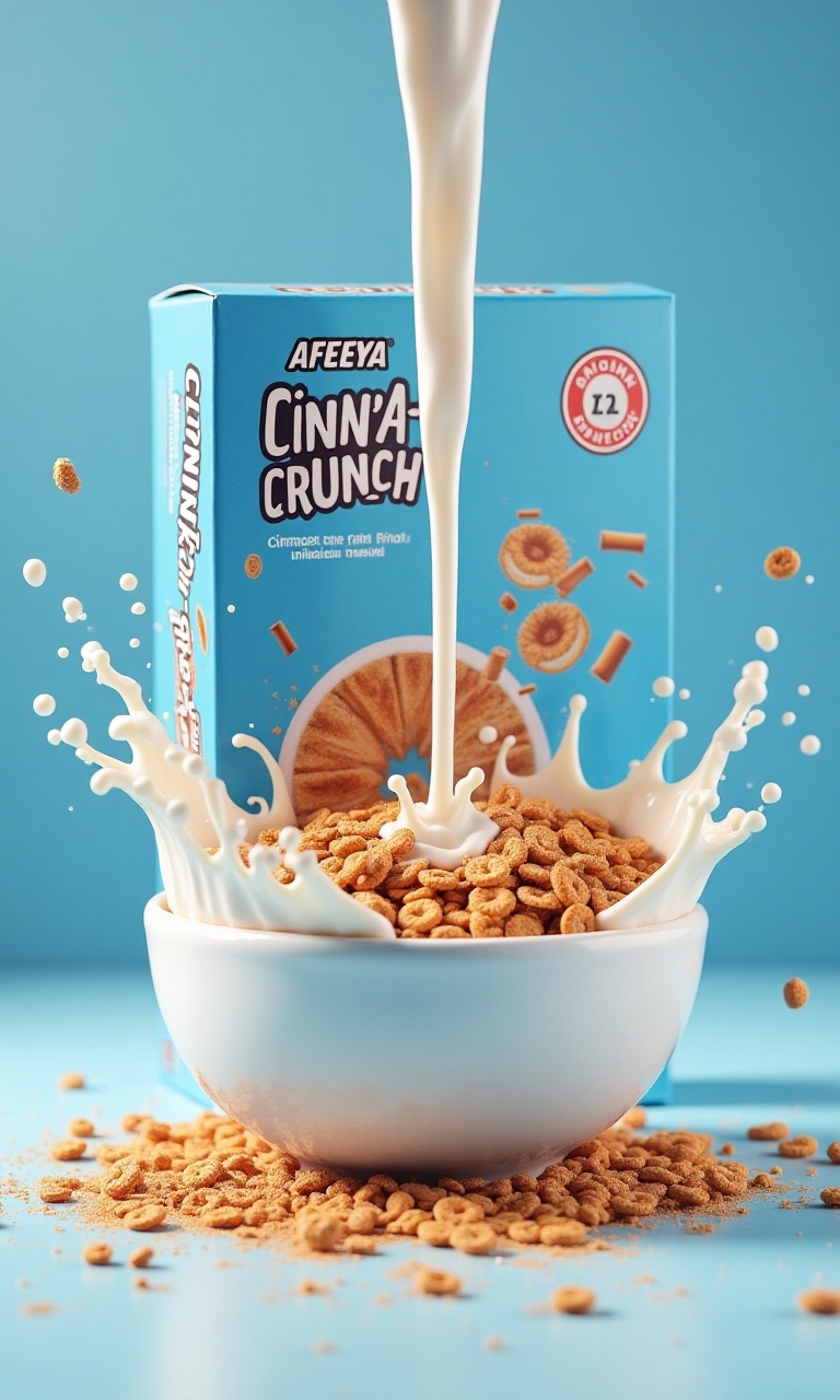 (3D-rendered),  A retro-style box (blue with bold "AFEEYA CINNA-CRUNCH") pouring cereal into a bowl,  with milk splash fro...