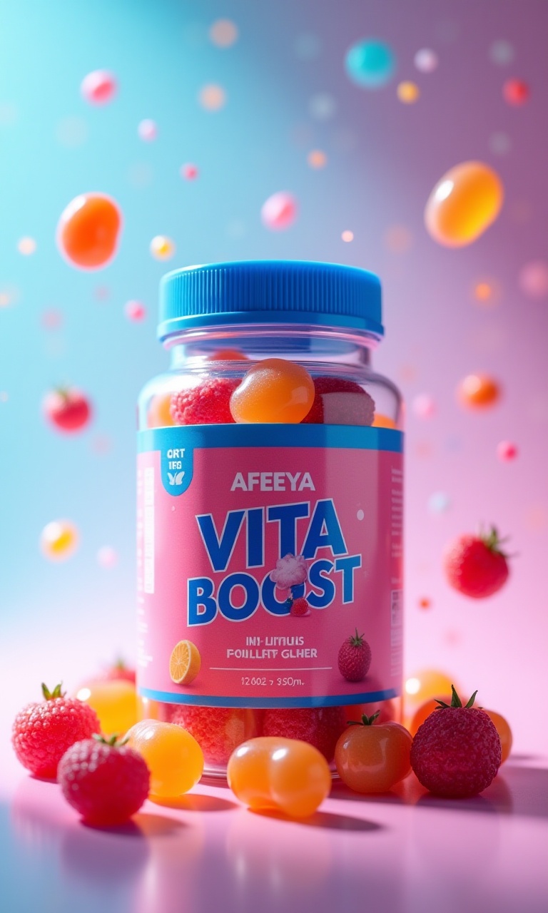 A cylindrical transparent jar with a vibrant blue lid,  labeled "AFEEYA VITA-BOOST". Inside,  mixed-fruit gummies glow und...