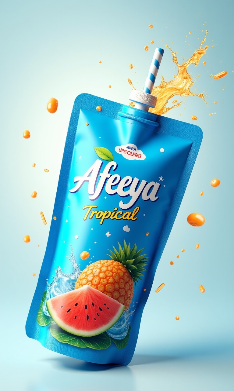 A luminous blue pouch with "AFEEYA TROPICAL" in playful comic font. Show it flexed mid-sip,  with a straw piercing the sea...