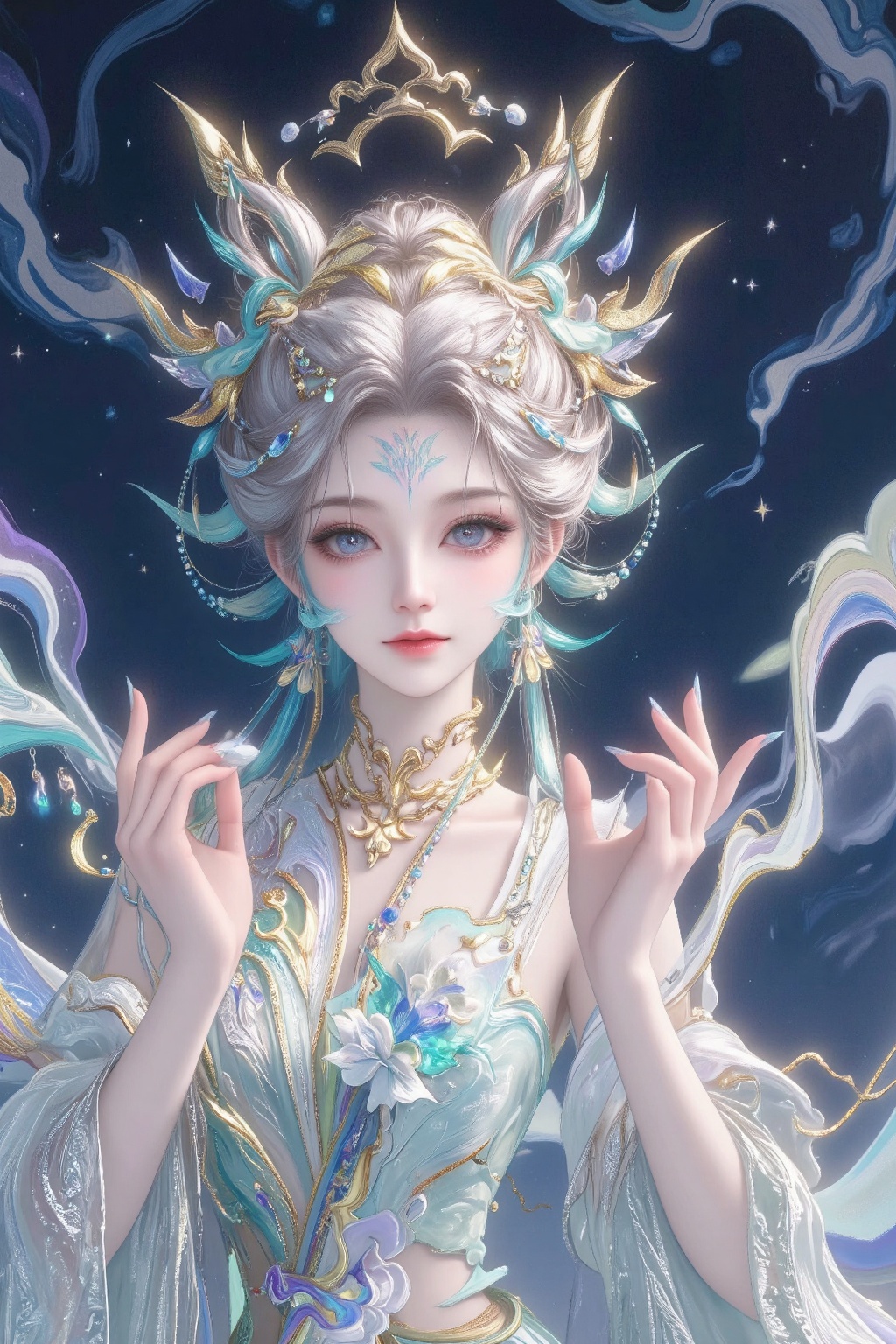 The image depicts a beautifully illustrated character with intricate,  flowing hair adorned with elaborate golden and blue...