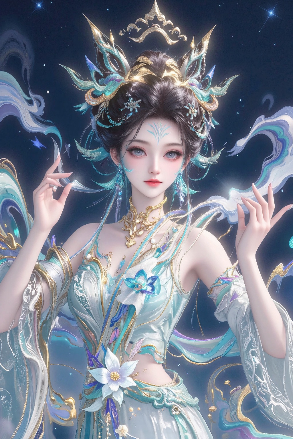 The image depicts a beautifully illustrated character with intricate,  flowing hair adorned with elaborate golden and blue...