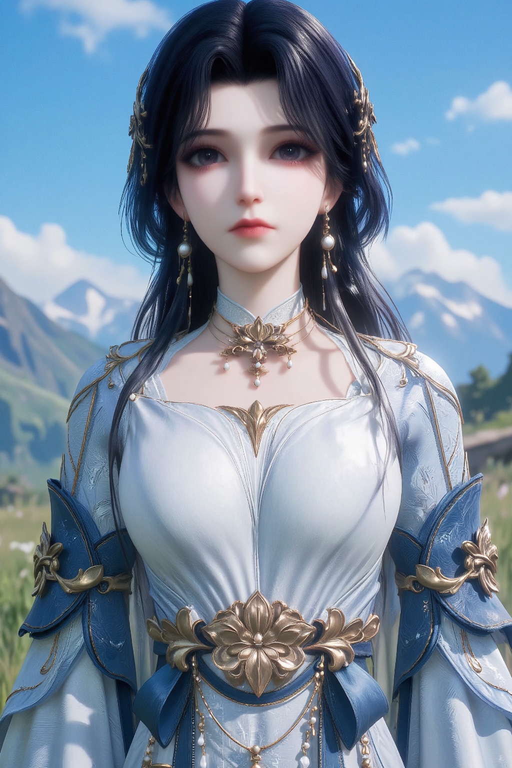 The image depicts a character with long,  dark hair adorned with golden ornaments. The character is wearing a white and bl...