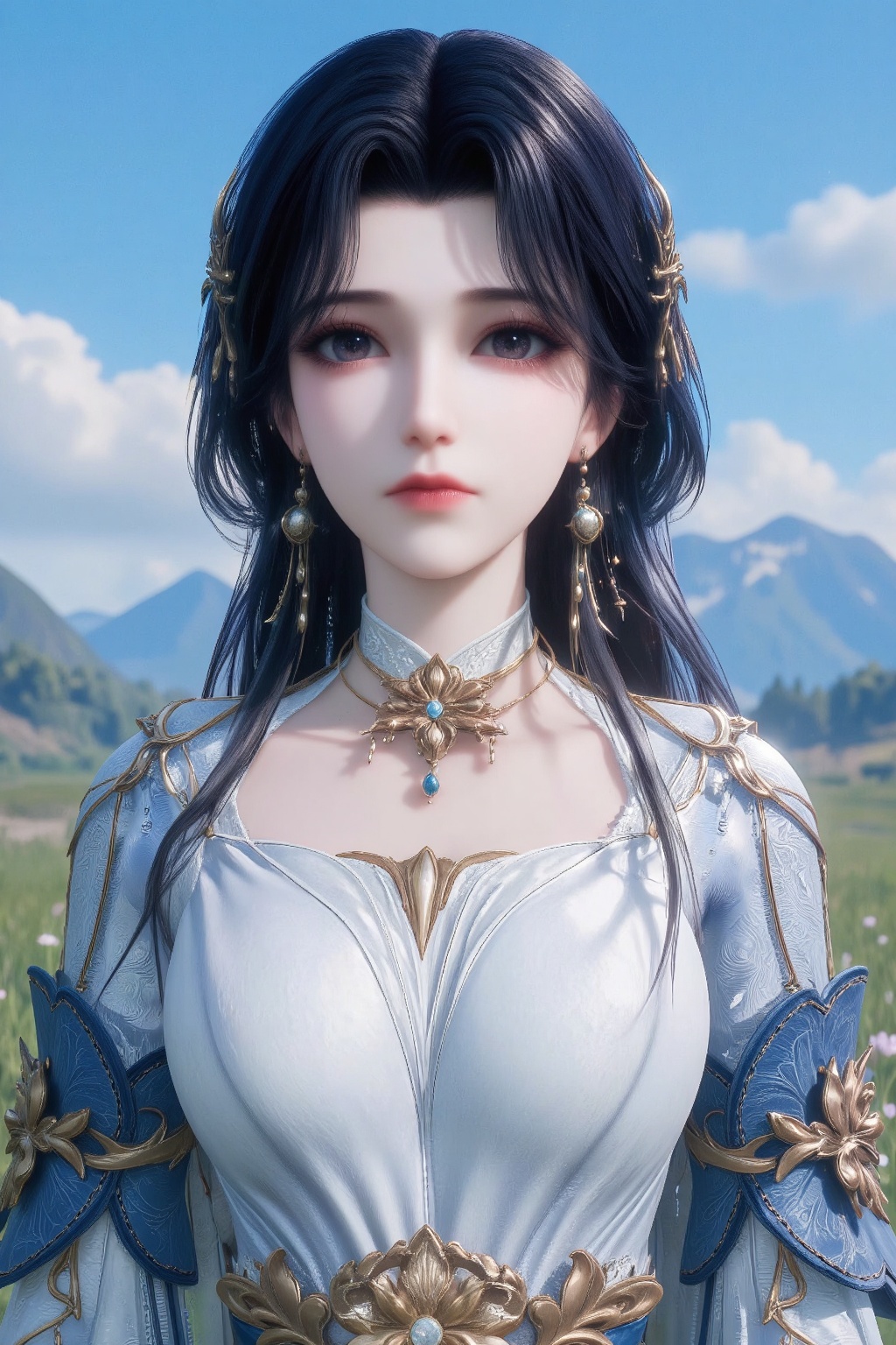 The image depicts a character with long,  dark hair adorned with golden ornaments. The character is wearing a white and bl...