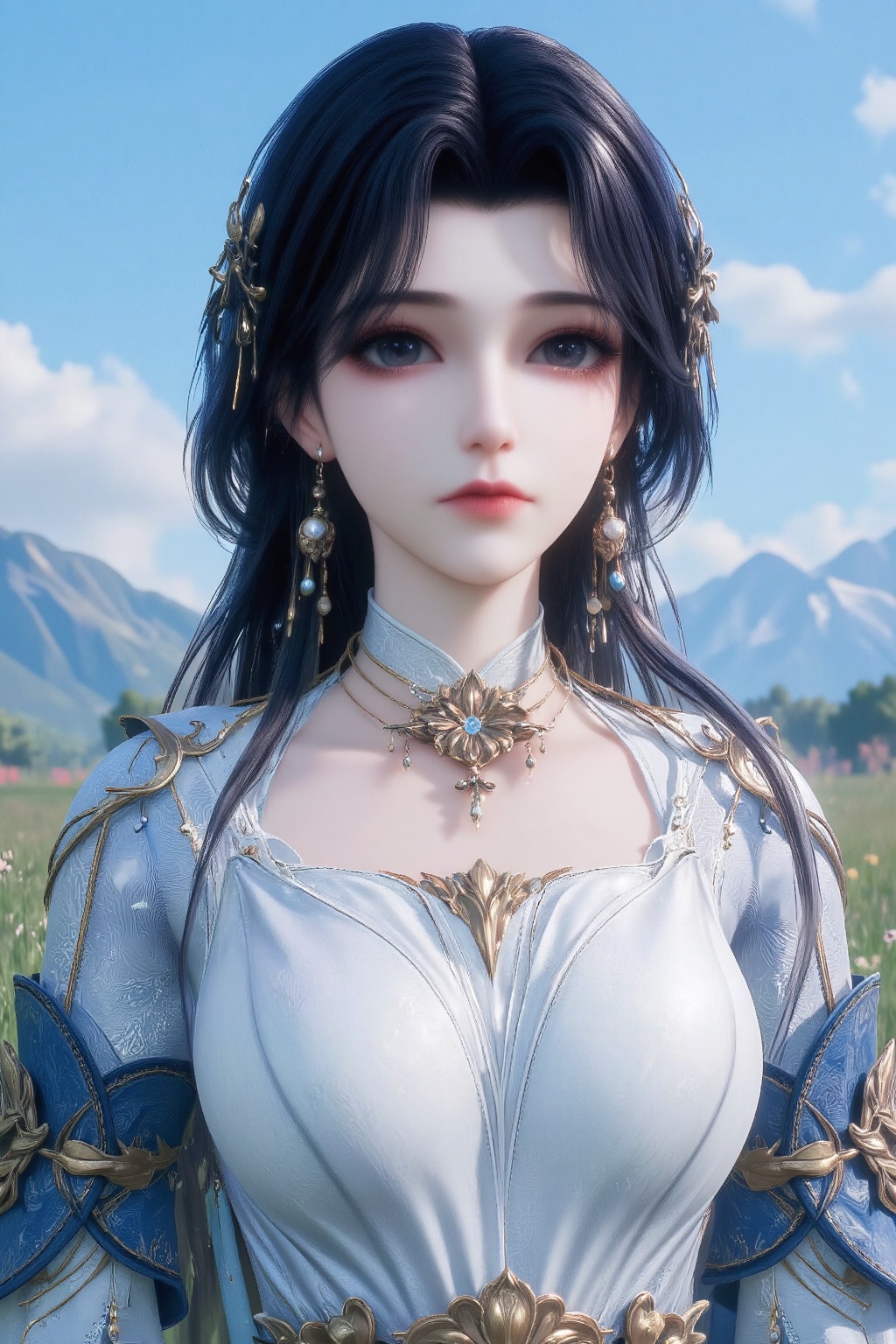 The image depicts a character with long,  dark hair adorned with golden ornaments. The character is wearing a white and bl...