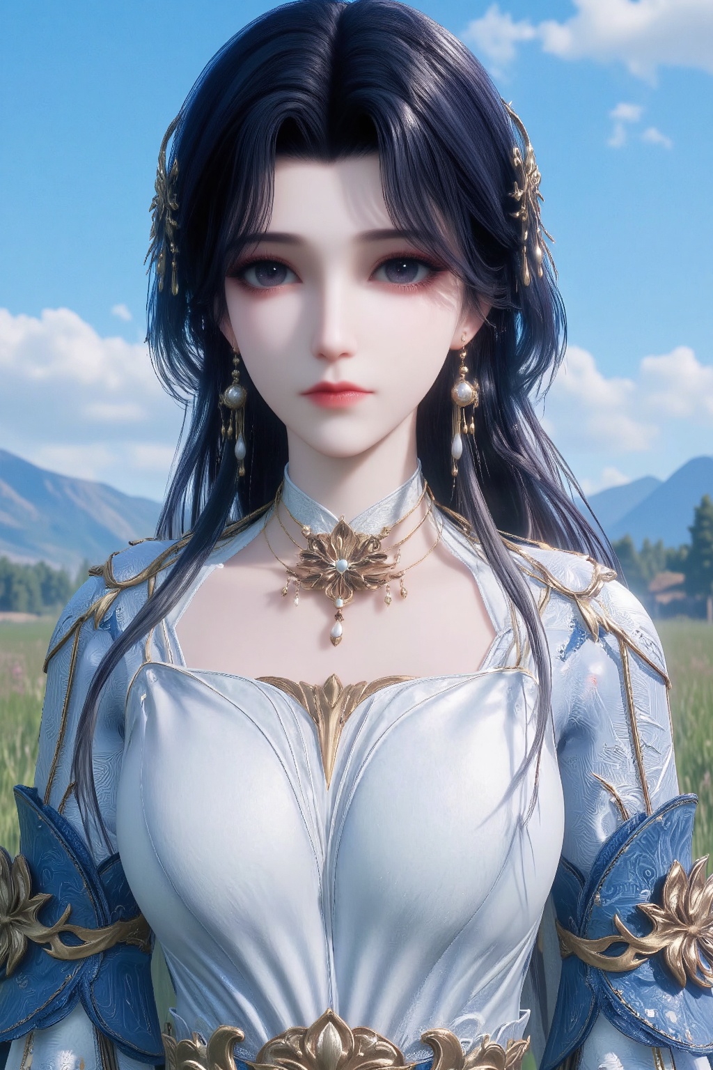 The image depicts a character with long,  dark hair adorned with golden ornaments. The character is wearing a white and bl...