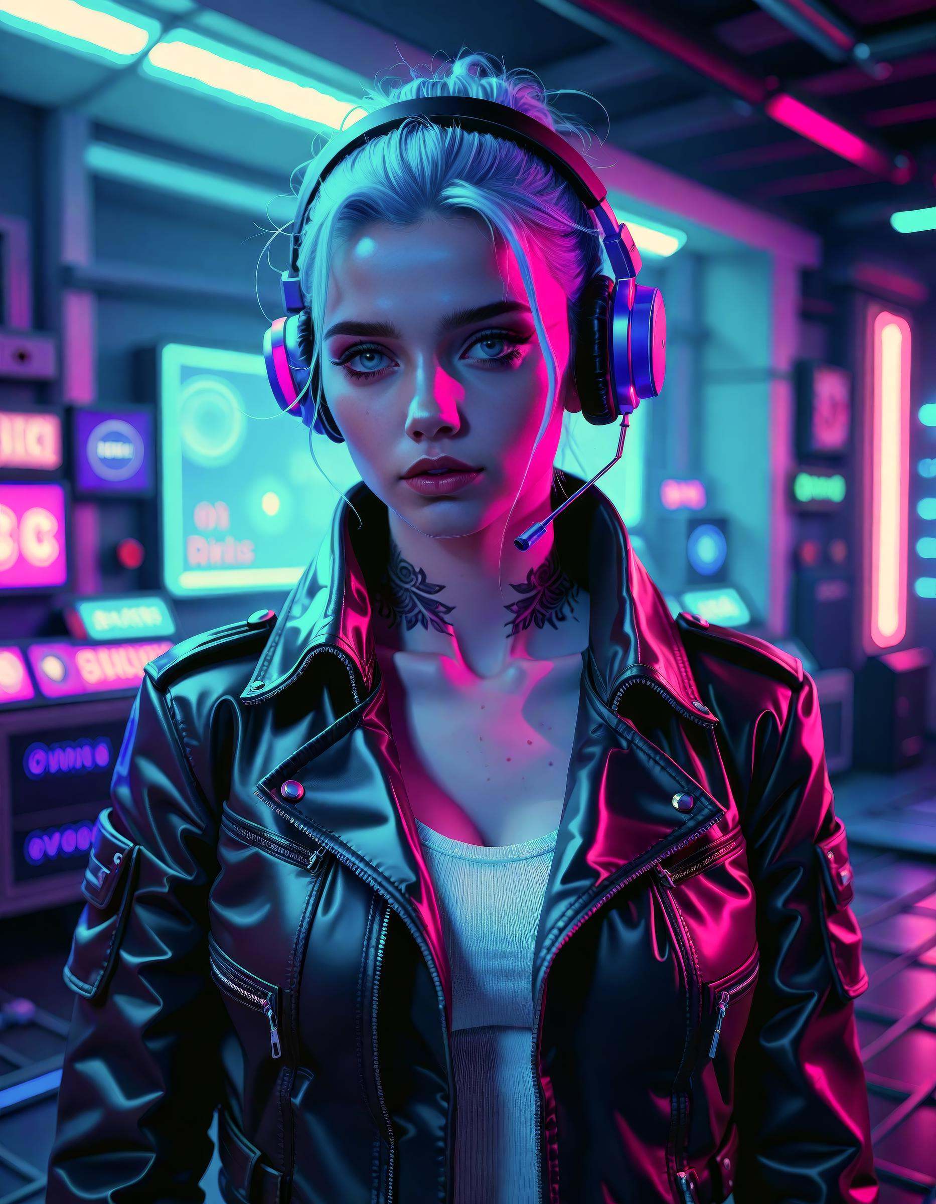 a woman wearing headphones and a leather jacket in a dark room with a blue light behind her head,  Anka Zhuravleva,  cyber...