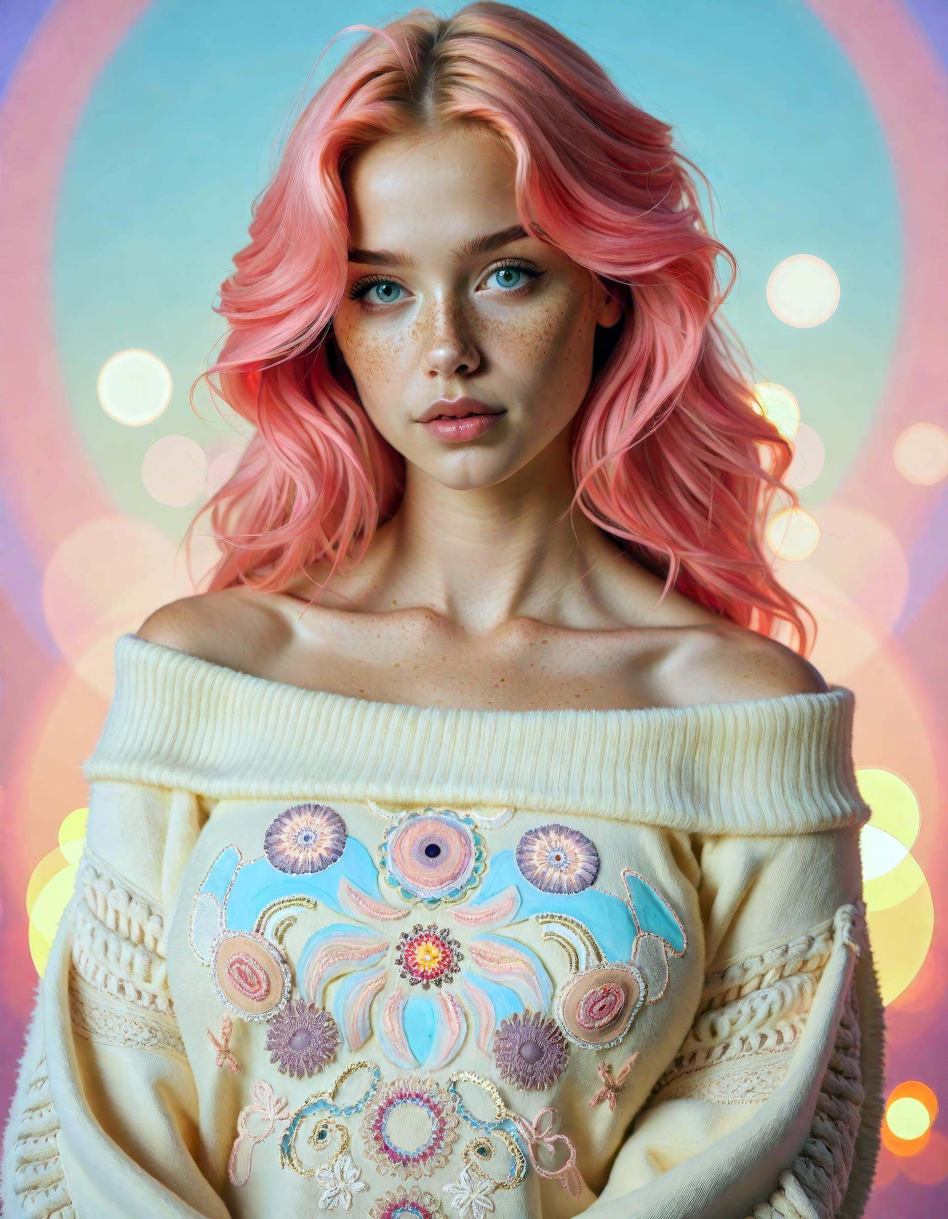 1girl,  mysterious girl with freckles,  an exotic girl in off-shoulder sweater on Tensor.Art