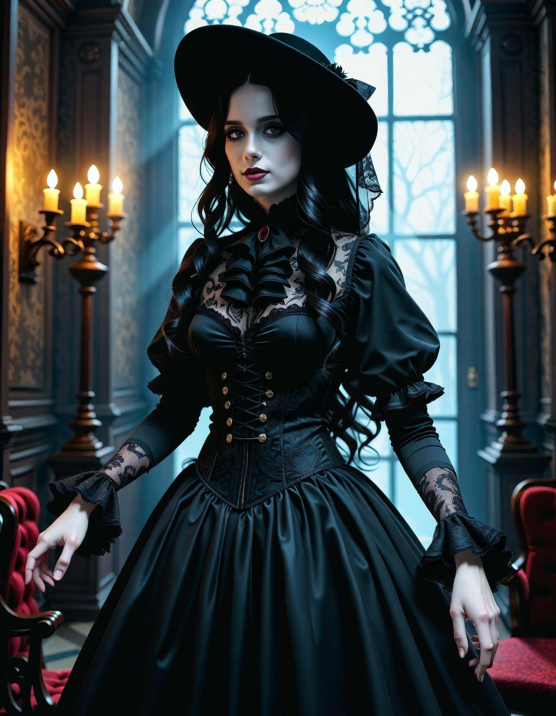 a Victorian-era gothic woman standing elegantly,  ,  long flowing Victorian dress with intricate lace details and a on Ten...