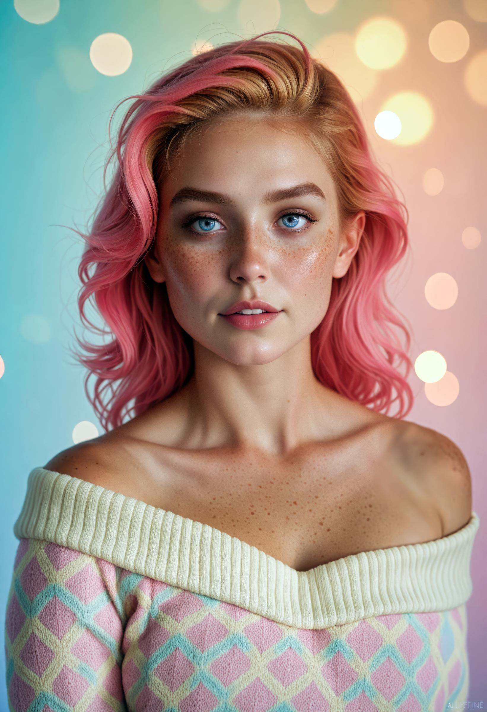1girl,  mysterious girl with freckles,  an exotic girl in off-shoulder sweater on Tensor.Art