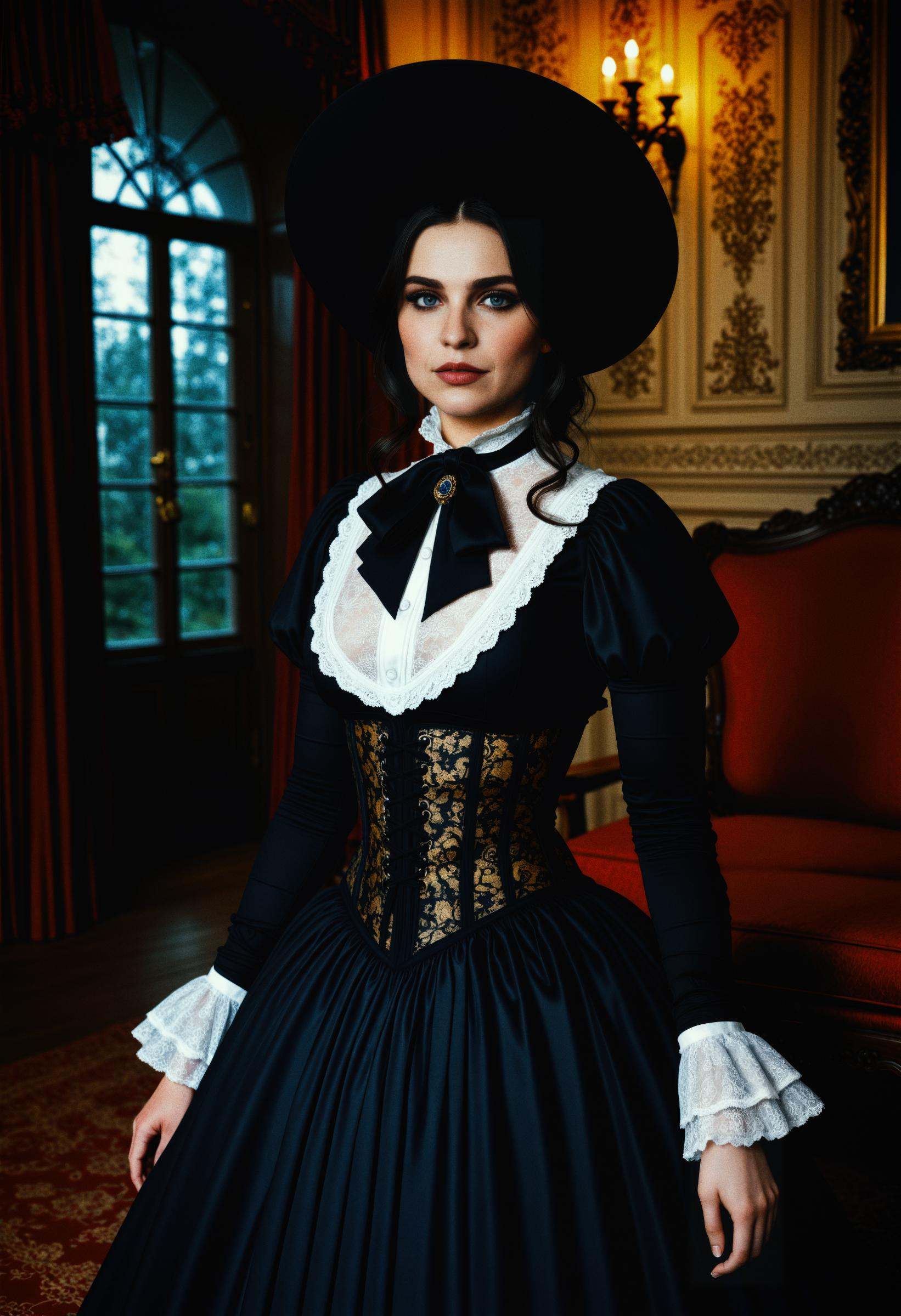 Victorian gothic woman,  standing elegantly,  Victorian mansion on Tensor.Art