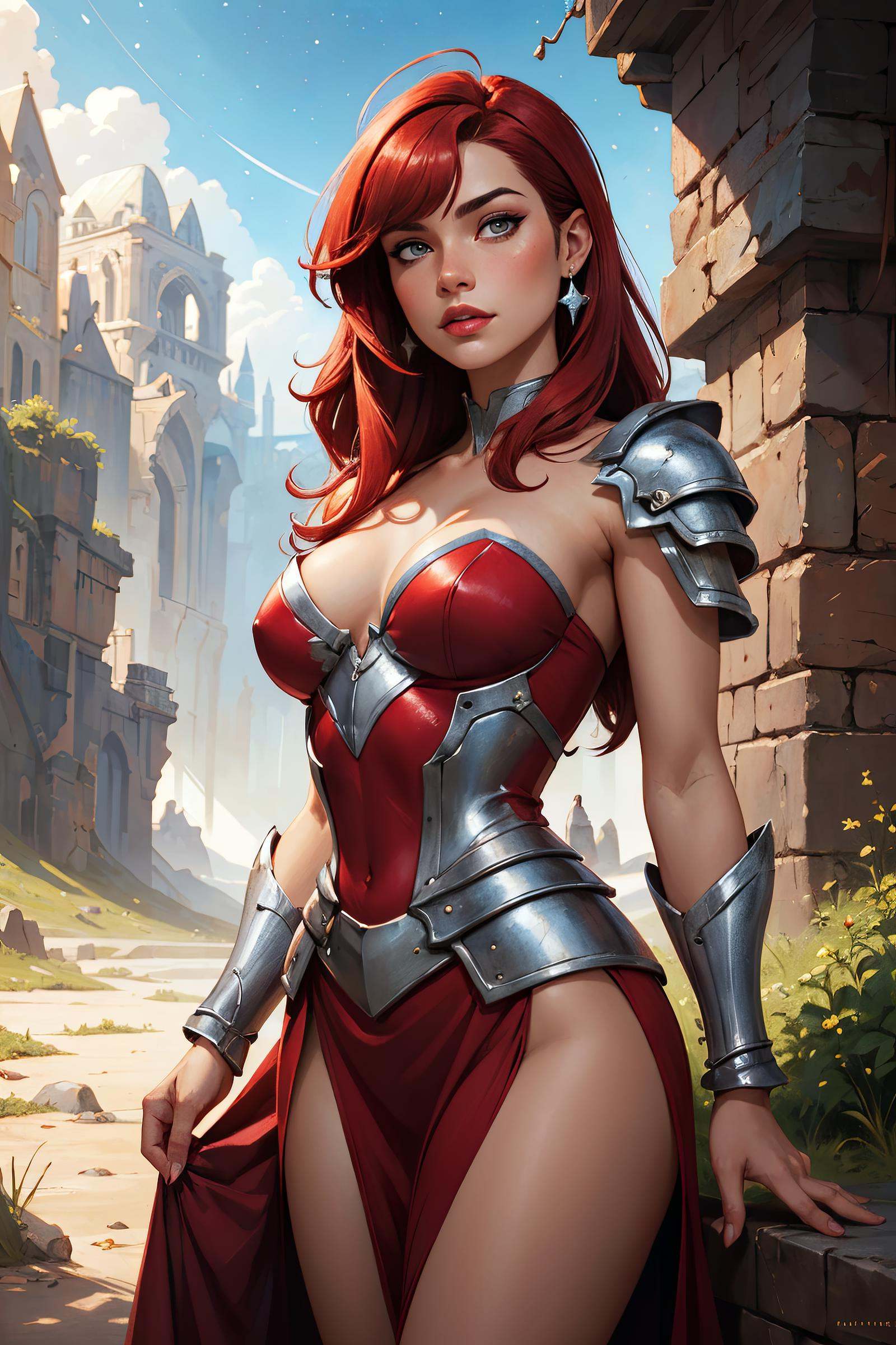 beautiful scarlet haired woman,  wearing armored strapless crimson dress with silver details,  makeup on Tensor.Art