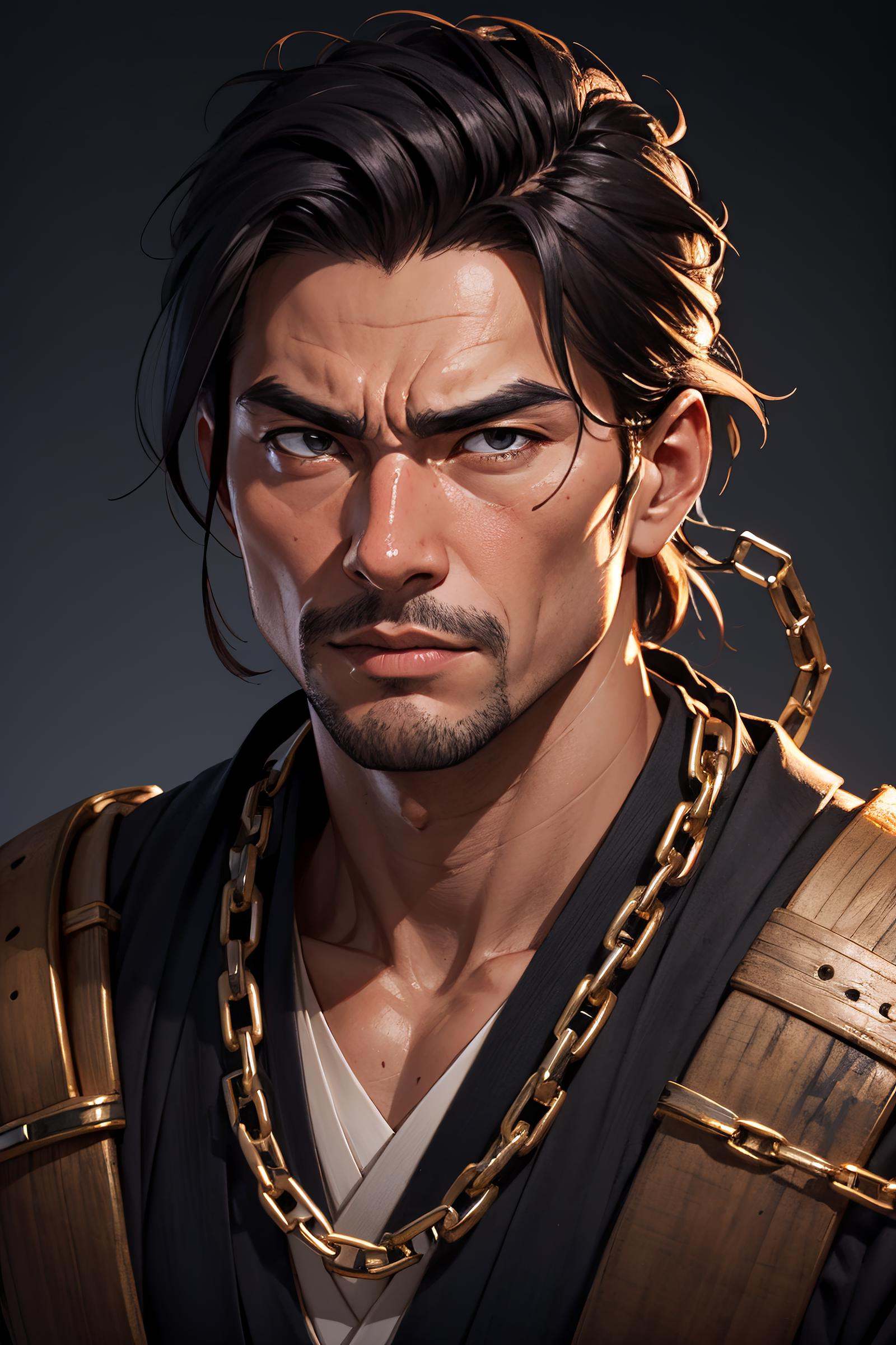 a portrait of a samurai,  the the man is wrapped in chains,  detailed on Tensor.Art