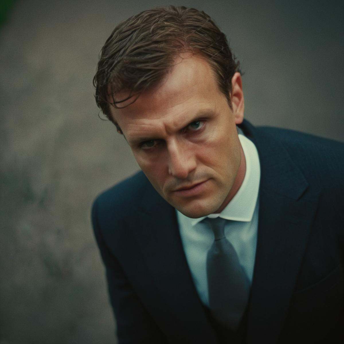 cinematic film still of a man in a suit looks at the camera in a dutch angle style rotated view style,  shallow depth of f...