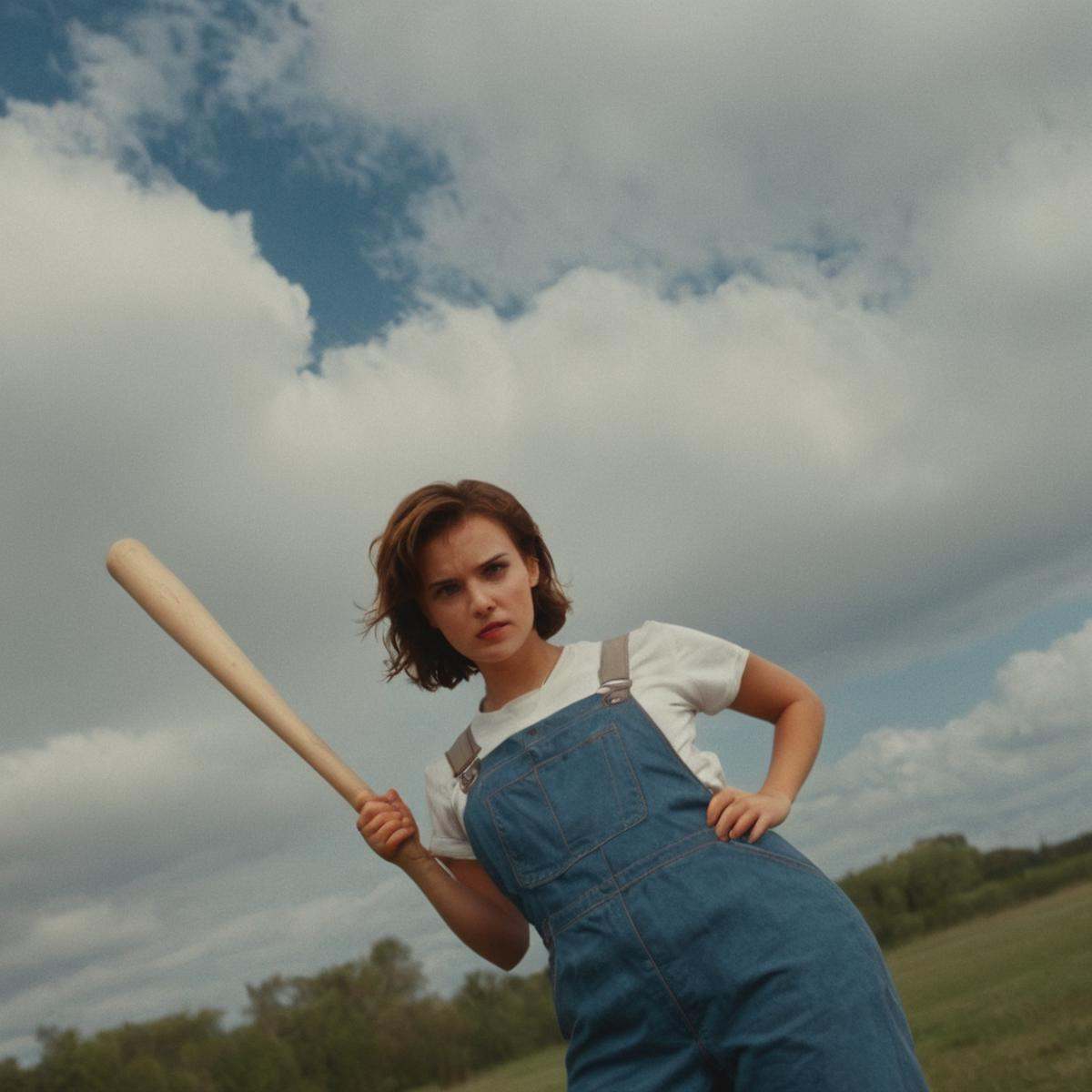 cinematic film still of Dutch Angle Stylerotated view,  a woman holding a baseball bat on a cloudy day,  1girl on Tensor.Art